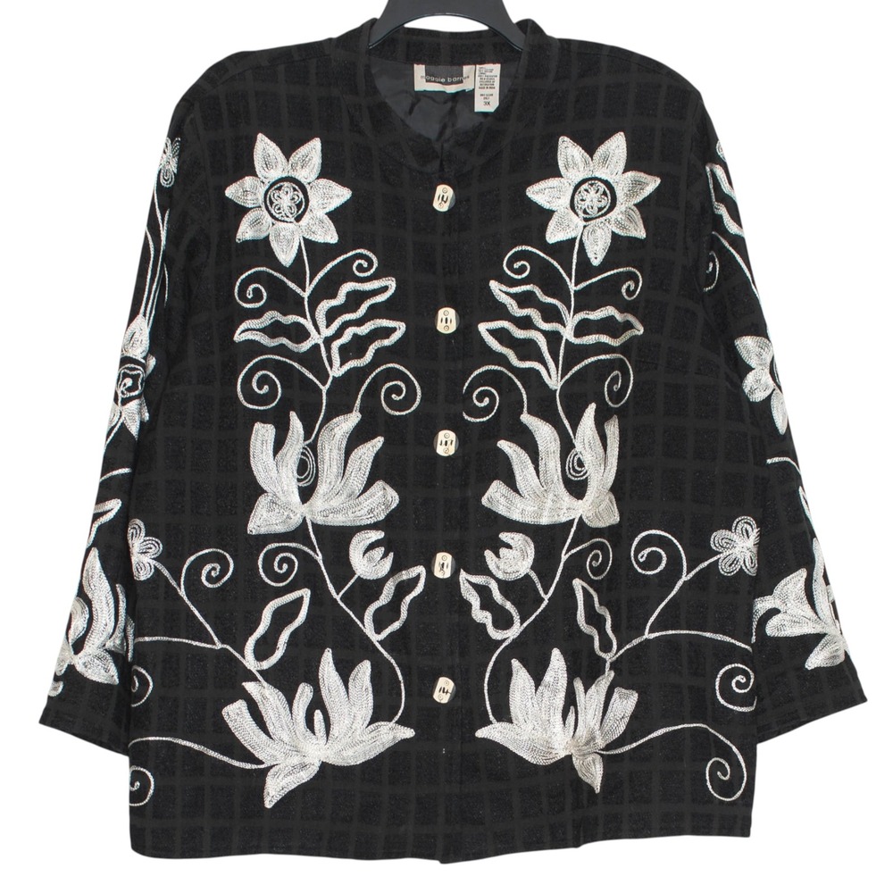 Maggie Barnes Jacket Embroidered Floral Button Art To Wear Lined Black White 3X